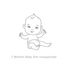 Little baby of 7 month. Baby Physical, emotional development milestones in first year. Cute little baby boy or girl  in diaper sitting unsupported. Infographics  with text.  Vector illustration. 
