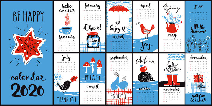 Modern style hand drawn cartoon vector 2020 calendar with monthly symbols in cool colors