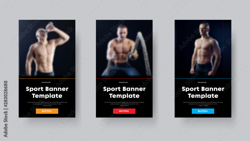 Poster Design of black vector web banners for sports with place for photo and color buttons.