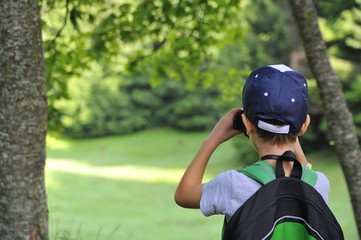 young child explores the nature of the woods and observes the animals of the forest with binoculars