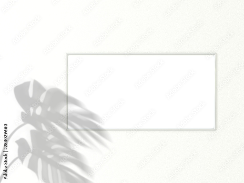 Poster 1x2 horizontal white frame for photo or picture mockup on white background with shadow of monstera l