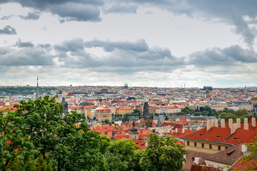 Fototapeta na wymiar Scenic panoramic view of historical center of Prague, Czech Republic on a cloudy day