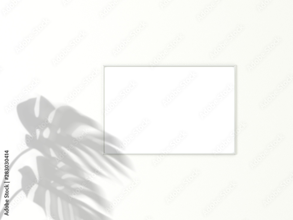 Poster 2x3 horizontal white frame for photo or picture mockup on white background with shadow of monstera l