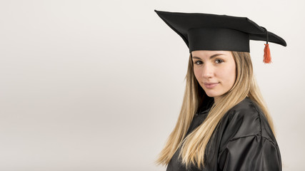 Close-up woman at graduation with copy space