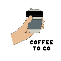 Hand holding cup for take away with hot drink. Concept illustration for coffee to go shop.