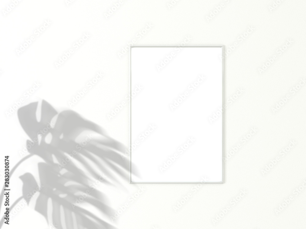 Poster 2x3 vertical white frame for photo or picture mockup on white background with shadow of monstera lea