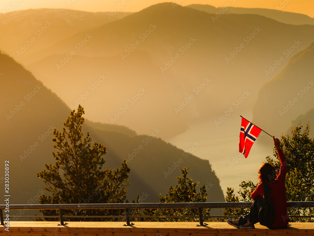 Sticker tourist enjoy fjord view on stegastein viewpoint norway