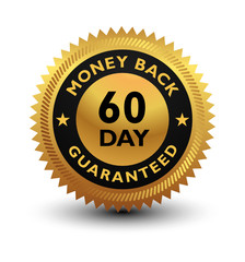 Golden glossy, top quality 60 day money back guaranteed badge, sign, seal, stamp, label isolated on white background.