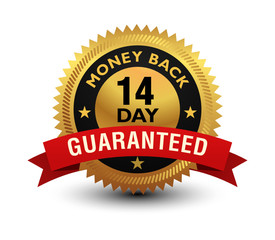 Golden glossy, top quality 14 day money back guaranteed badge, sign, seal, stamp, label with red ribbon on top isolated on white background.