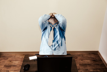 Sweating office worker. Occupational burnout. Wet shirt. Bad work conditions. Unhappy manager....