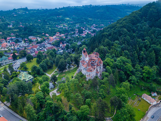 Aerial panorama view of the medieval Bran Castle, known for the myth of Dracula , Dracula Castle in...