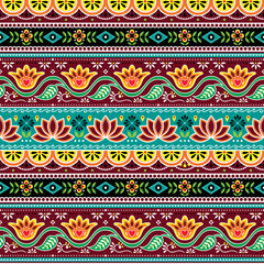 Pakistani or Indian truck art vector seamless pattern, Indian truck floral design with flowers, leaves and abstract shapes in brown, orange and green