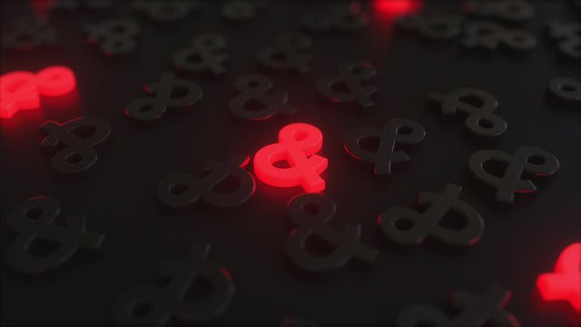 Glowing red ampersand signs among black symbols. Conceptual 3D animation