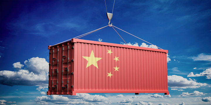 Chinese flag container on blue sky background. 3d illustration