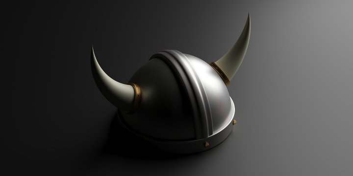 Viking helmet with horns against black background. 3d illustration