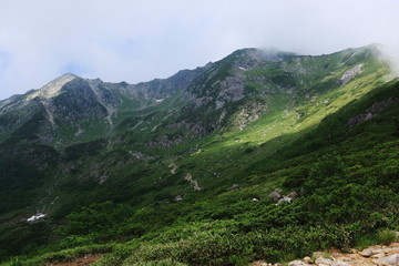 Fototapeta na wymiar 北アルプス笠ヶ岳への道　笠新道　杓子平の風景　縦走路の稜線を仰ぎ見る　