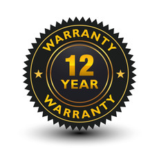 Luxurious blackish with golden lines 12 year warranty badge, sign, label, seal, stamp isolated on white background. 