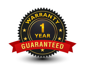 Luxurious blackish with golden lines 1 year warranty badge, sign, label, seal, stamp with red ribbon isolated on white background. 