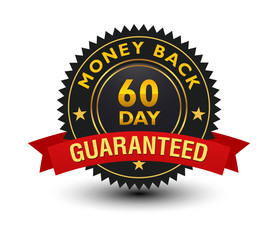 Luxurious blackish with golden lines 60 day money back guaranteed badge, sign, label, seal, stamp with red ribbon isolated on white background. 