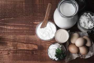 Healthy food high in protein. milk eggs cheese sour cream
