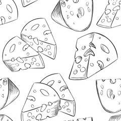 Cheese slices seamless pattern in cartoon style for game design, covering, wrapping and wallpapers for interior of food restaurant. Big pieces of maasdam or swiss type dairy product with holes.