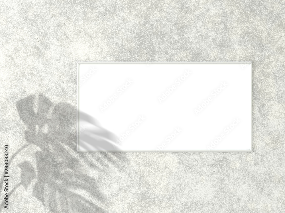 Poster 1x2 horizontal white frame for photo or picture mockup on concrete background with shadow of monster
