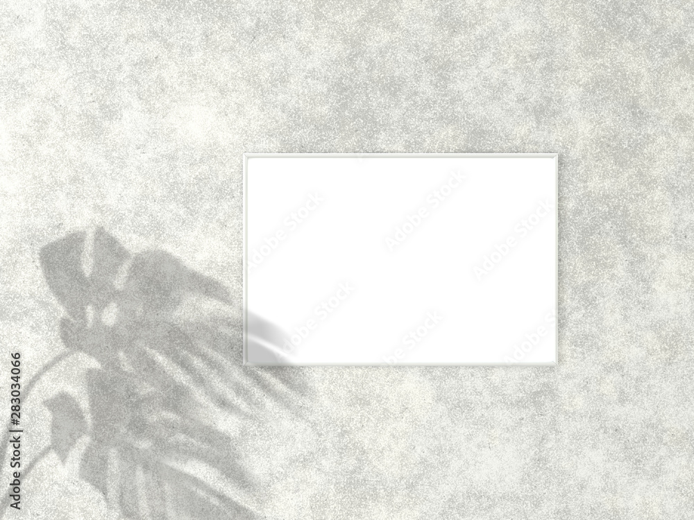 Poster 2x3 horizontal white frame for photo or picture mockup on concrete background with shadow of monster