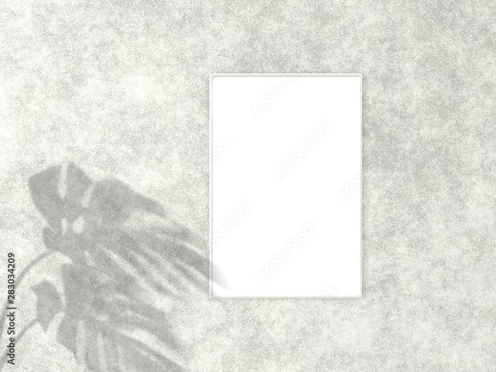 Poster 2x3 vertical white frame for photo or picture mockup on concrete background with shadow of monstera 