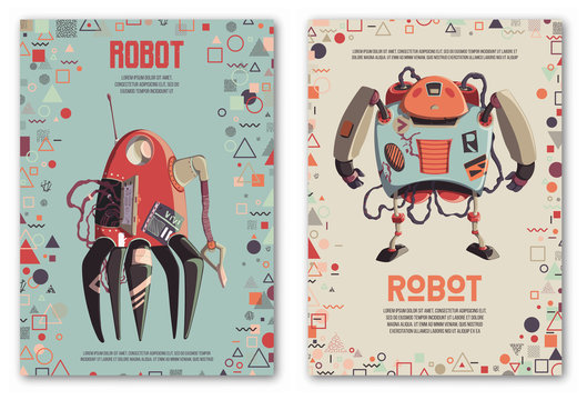 Design template with robots characters and geometric shapes. Technology, future. Artificial intelligence concept. Vector illustration