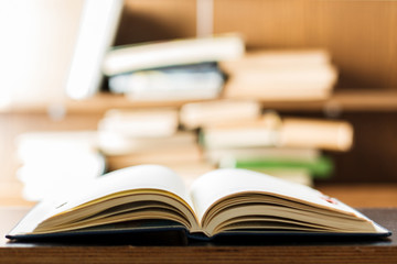 Education concept. Stack of books on table.