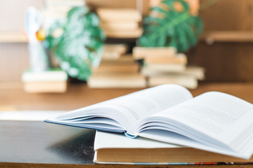 Education concept. Stack of books on table.