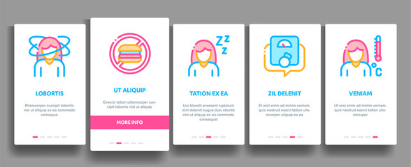 Obraz na płótnie Canvas Symptomps Of Pregnancy Vector Onboarding Mobile App Page Screen. Fatigue And Nausea, Food Aversion And Frequent Urination, Constipation And Faintness Symptomps Of Pregnancy Pictograms. Illustrations