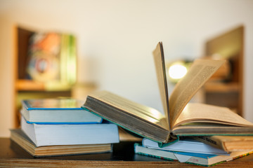 Education concept. Stack of books on table.