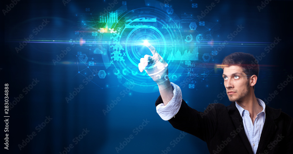 Aufkleber man touching hologram screen displaying medical symbols and charts