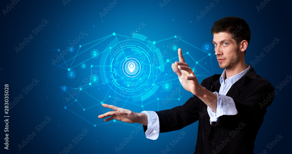 Aufkleber Man touching hologram screen displaying keys and locks