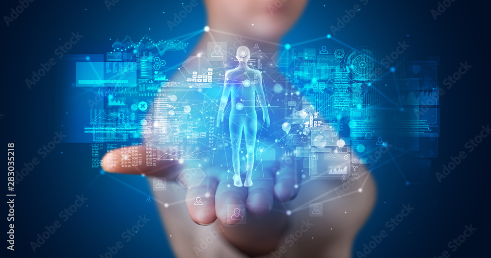 Poster young person holding hologram projection displaying health related graphs and symbols