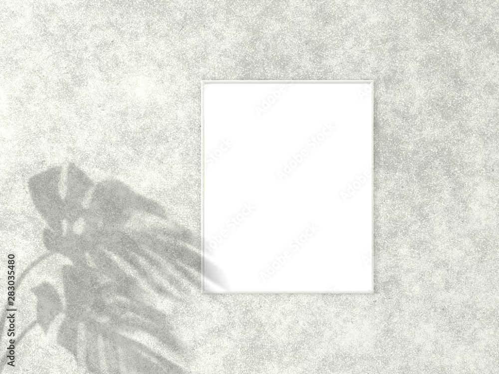 Poster 4x5 vertical white frame for photo or picture mockup on concrete background with shadow of monstera 