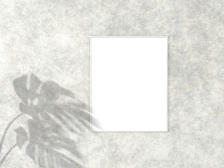 4x5 vertical White frame for photo or picture mockup on concrete background with shadow of monstera leaves. 3D rendering.