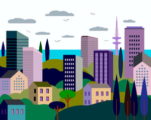 Obraz premium Vector illustration in simple minimal geometric flat style - cityscape with buildings, hills, sea and trees - abstract background for header images for websites, banners, covers.