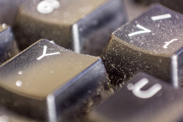 Close up dirty keyboard, unhygienic equipment in home or office  7