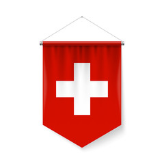 Vertical Pennant Flag of Switzerland Icon on White with Shadow Effects. Patriotic Sign in Official Color and Flower Swiss Flag with Metallic Poles Hanging on the Rope