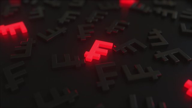Glowing red Swiss Franc signs among black CHF symbols. Conceptual 3D animation