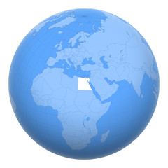 Egypt on the globe. Earth centered at the location of the Arab Republic of Egypt. Map of Egypt. Includes layer with capital cities.