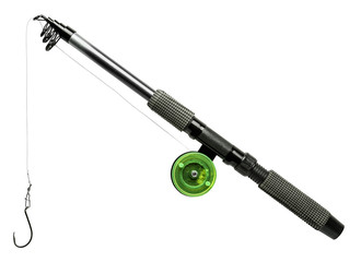 Modern fishing tackle on white background