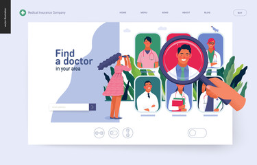 Find a doctor -medical insurance template -modern flat vector concept digital illustration - a hand with a magnifying glass, a woman with binocular, doctors portraits - a doctor searching metaphor