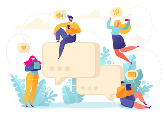 Vector people characters chatting with phones and tablets on social media, networking. Take a selfie, exchange text messages and likes. Illustration for landing page and mobile website development.