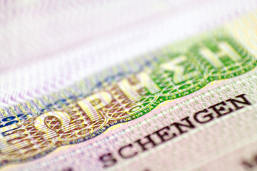 Schengen visa of Greece on the page of the passport, close up