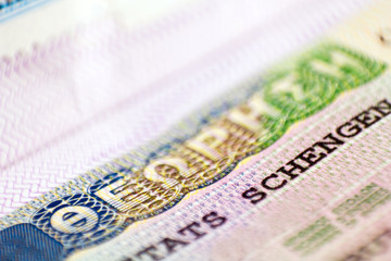 Fototapeta premium Schengen visa of Greece on the page of the passport, close up