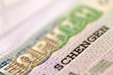 Fototapeta premium Schengen visa of Greece on the page of the passport, close up