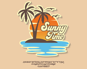 Sunny Beach. Hand made script font. Vacation summer time. Waikiki beach. Vector illustration. Retro typeface and logo. Summer style.